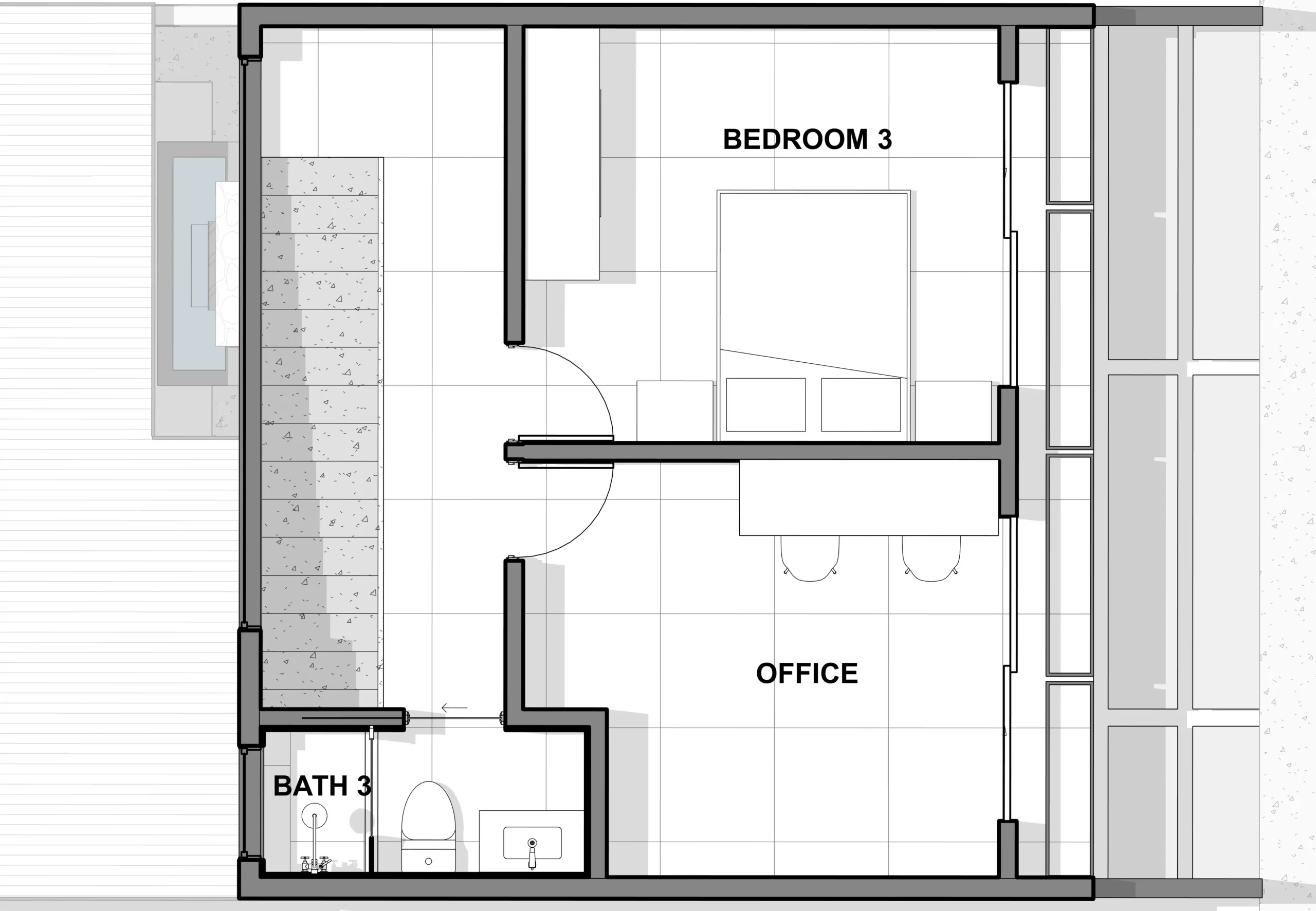 Architectural plan of the second level of Tamawalk. It includes a third bedroom, a full bathroom, and a study or office with a double desk.
