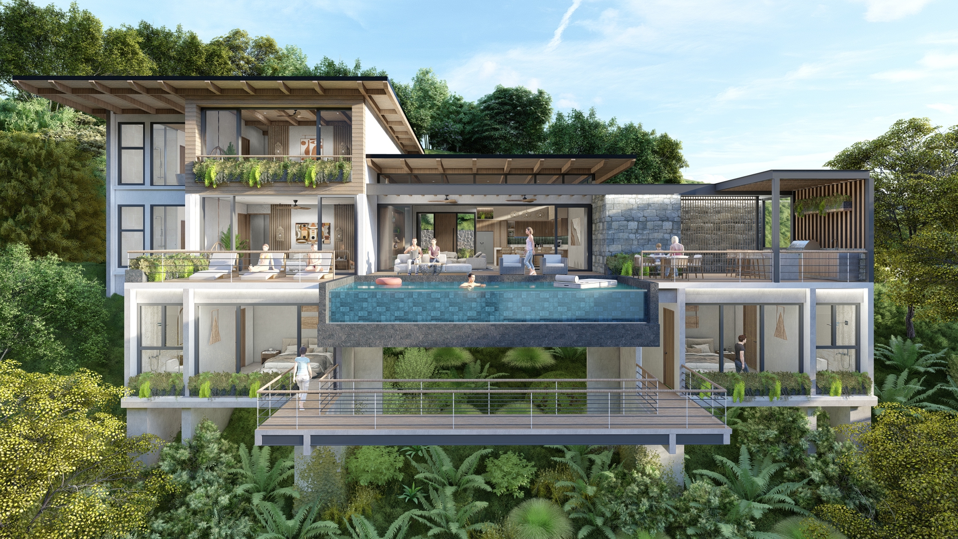 Rendering of the front view of Corner House, a two-story building with a wood and stone facade, including a garage with a wooden door and flower pots on the balcony. The design includes large windows and decorative wooden elements.
